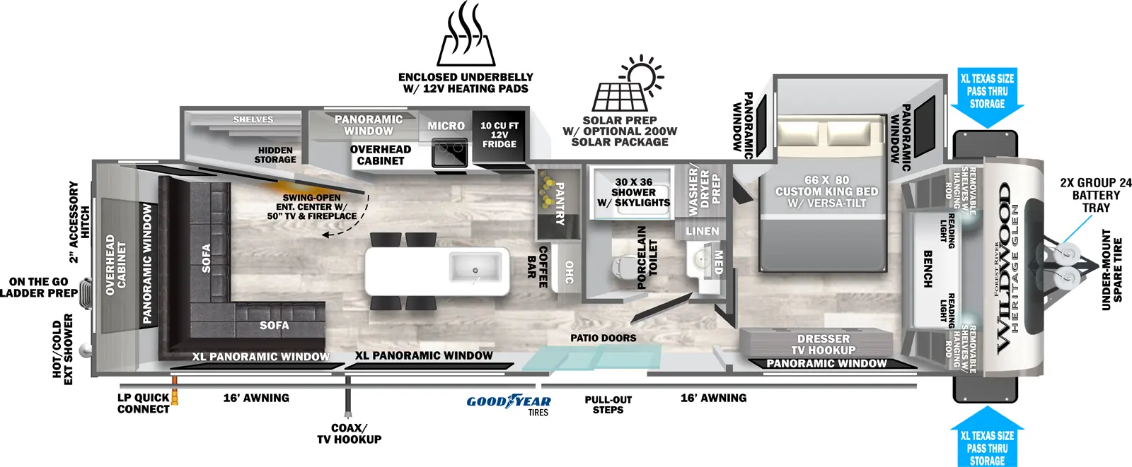 The 322VIEW has two slideouts and one entry. Exterior features upper-mount spare tire in front, 2X group 24 battery tray, pass-thru storage, LP quick connect, Coax/TV hookup with TV mount, pull-out steps at patio door entry, Goodyear tires, two 16 foot awnings, hot/cold exterior shower, on the go ladder prep, 2 inch accessory hitch, enclosed underbelly with 12V heating pads, and solar prep with optional 200W solar package. Interior layout front to back: bench with removable shelves with hanging rod and reading lights on each side, off-door side custom king bed with versa-tilt slideout, off-door side closet with washer/dryer prep, and door side dresser with TV hookup; off-door side full bathroom with linen closet, shower with skylight, and medicine cabinet; patio door entry; pantry and coffee bar with overhead cabinet along inner wall; off-door side slideout with 12V refrigerator, kitchen counter with cooktop, microwave, overhead cabinet, and swing-open entertainment center with fireplace and shelves/hidden storage behind; kitchen island with sink and seating; sofa wraps from door side to the rear with overhead cabinet. Panoramic windows throughout. 